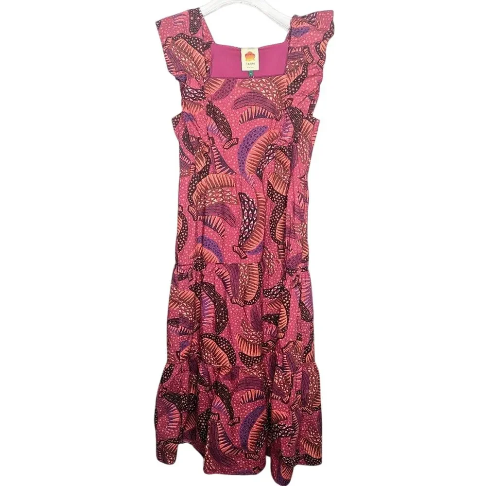 Farm Rio Pink Wild Bananas Print Ruffled Cotton Midi Dress New with Defect M